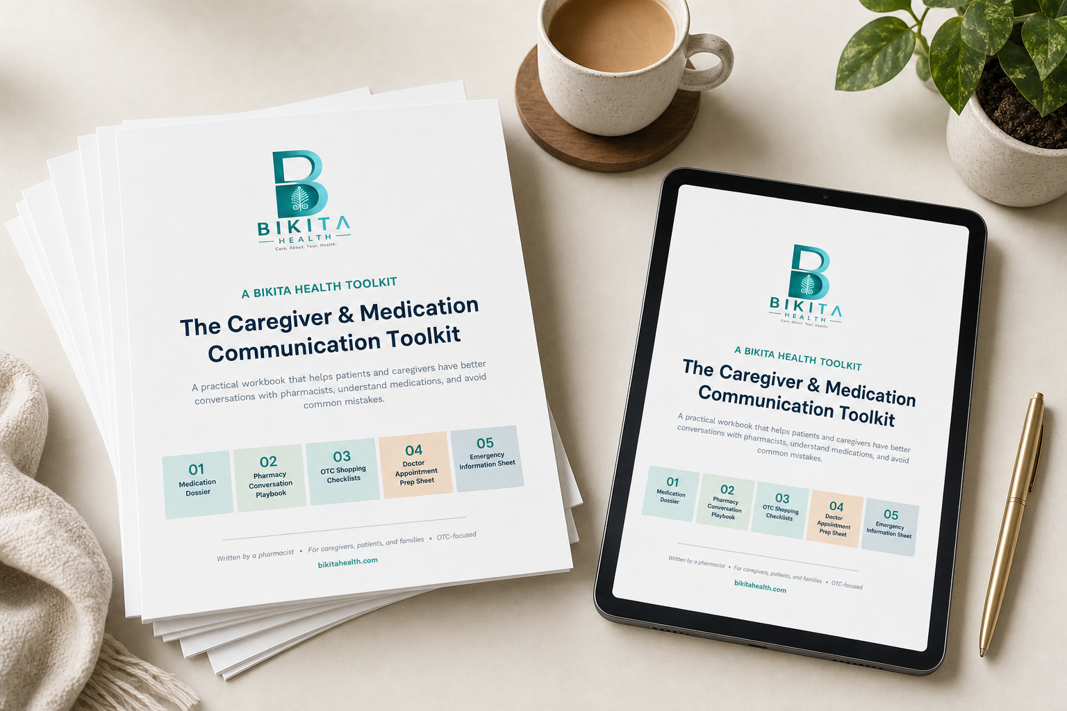 Caregiver Medication Toolkit printed workbook and tablet mockup