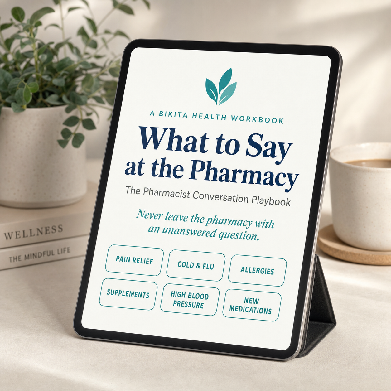 What to Say at the Pharmacy workbook mockup on a tablet